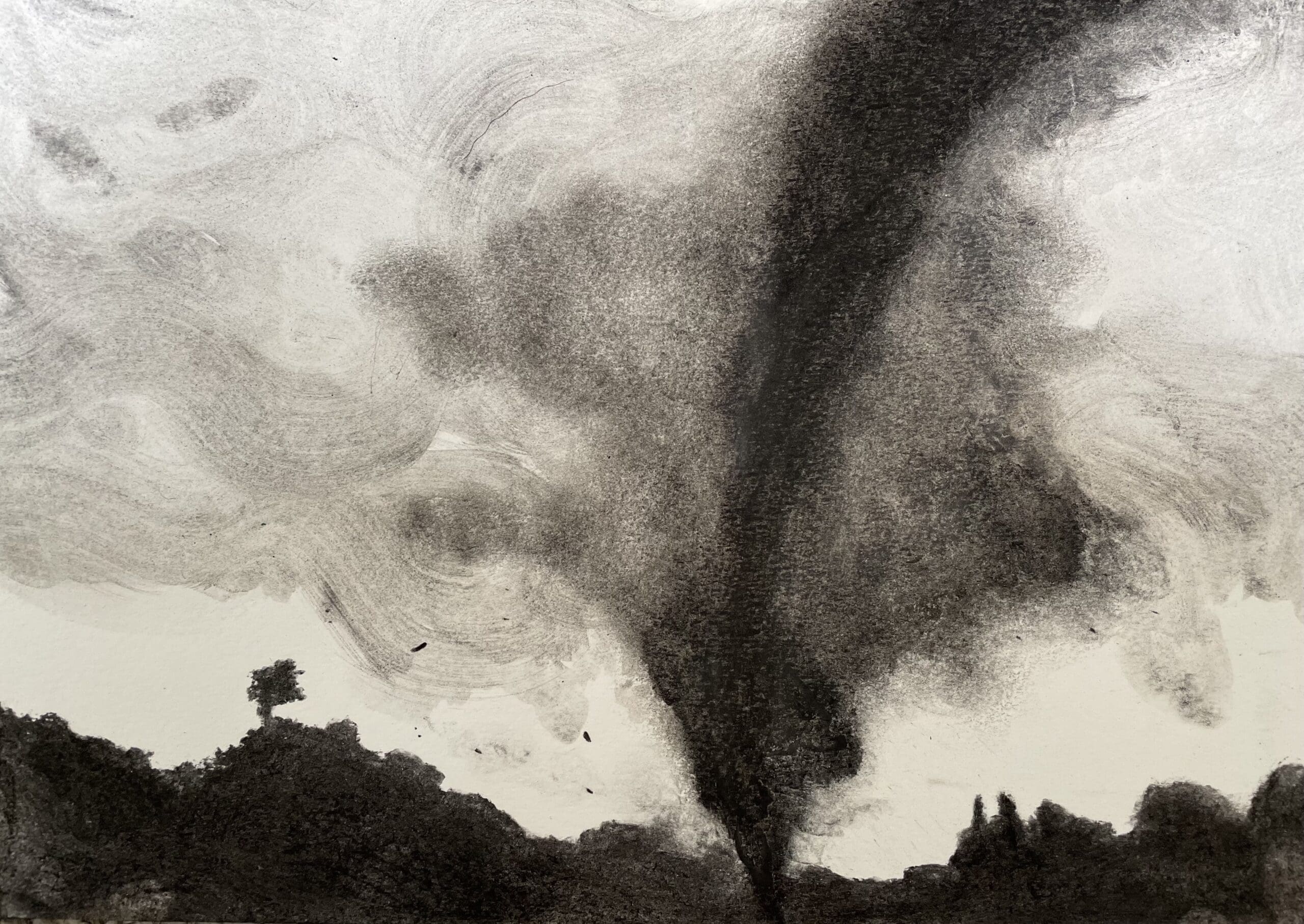 Fluid charcoal drawing of an approaching tornado