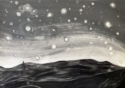 Ultimate Embrace - charcoal and graphite on paper drawing of a figure in the sea at night by Claire Cansick